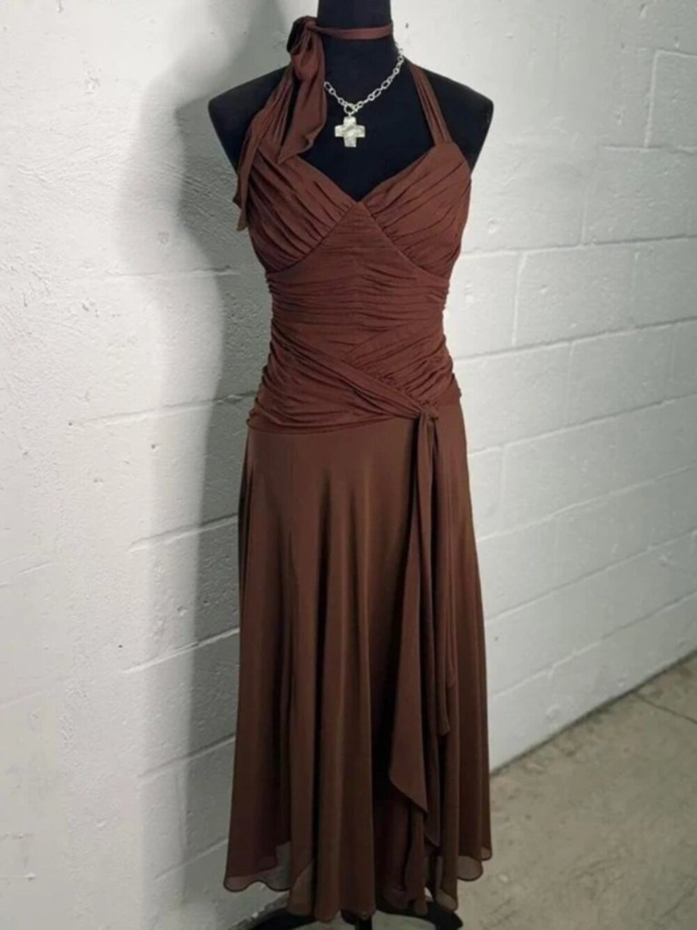 VTG 90s Sangria Brown Fairy Boho Drop-waist Halter Formal Maxi Dress